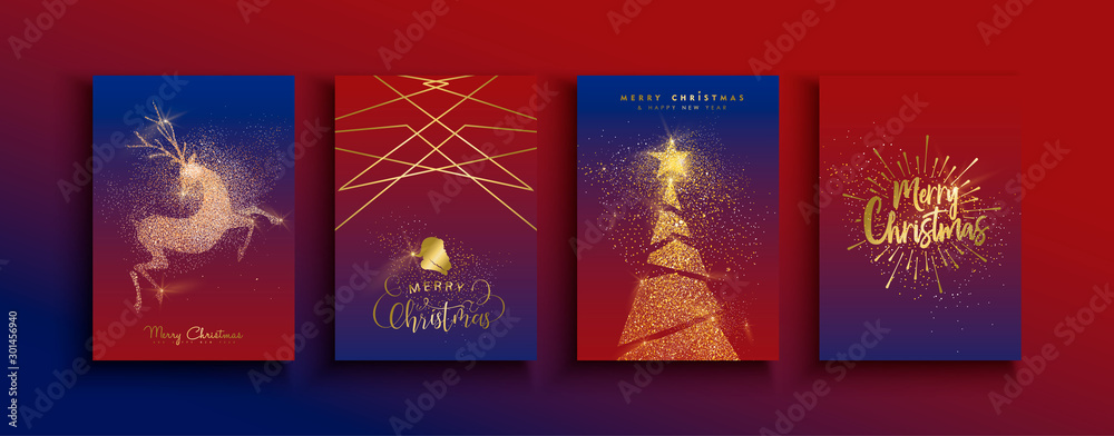 Christmas New Year gold glitter reindeer card set - obrazy, fototapety, plakaty 