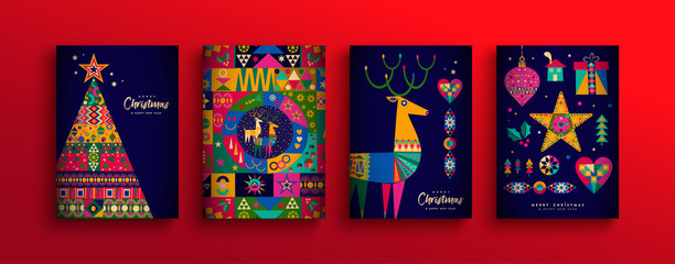 Wall Mural - Christmas New Year colorful nordic folk card set