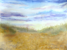 Sunset At The Baltic Sea Beach Dunes. Watercolor Hand Painted Landscape Illustration With Sand Beach And Beautiful Sunset Cloudy Sky.