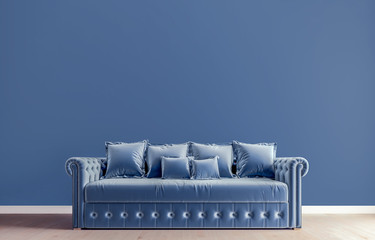 Wall Mural - Horizontal mock-up poster, modern interior design, tufted sofa, blue wall background with free space above on top, 3d render, 3d illustration