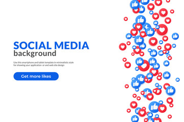 Bunch of like and appreciate emoji background, thumb up stream social media network. Heart and thump icons banner for love and respect. Vector like background in 3d style.