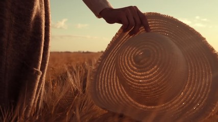 Aufkleber - b roll female walks on the field with wheat the sun's rays shine through a straw hat
