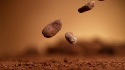 Aufkleber - Super slow motion of falling group of roasted cocoa beans pieces. Filmed on high speed cinema camera, 1000fps.