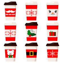 Vector Flat Design Paper Coffee Or Tea Cups Set Decorated Cute Merry Christmas Characters Isolated On White Background.