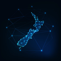 Wall Mural - new zealand map glowing silhouette outline made of stars lines dots triangles, low polygonal shapes.