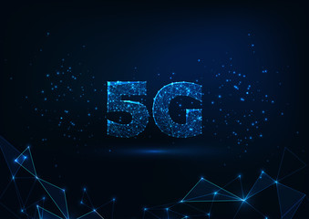 Wall Mural - Futuristic glowing low polygonal fast 5G internet connection concept on dark blue background.