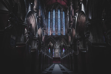 glasgow, scotland, december 16, 2018: magnificent perspective view of interiors of glasgow cathedral