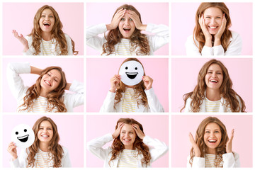 Poster - Collage with happy young woman on color background