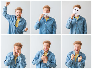 Sticker - Collage with happy young man on light background