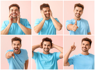 Sticker - Collage with happy young man on color background