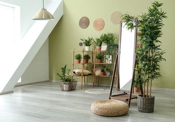 Mirror with green houseplants in room