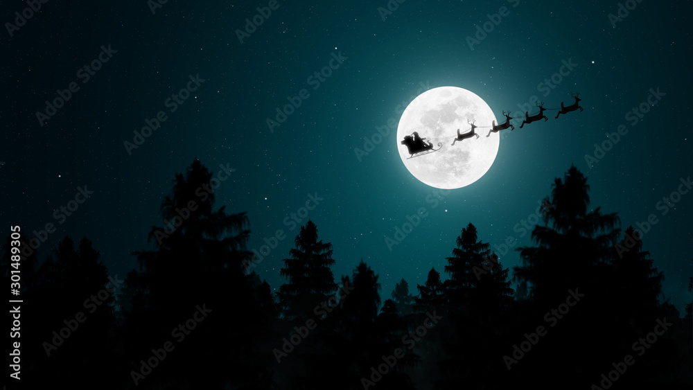 Santa Claus flying in his sleigh over the moon - obrazy, fototapety, plakaty 
