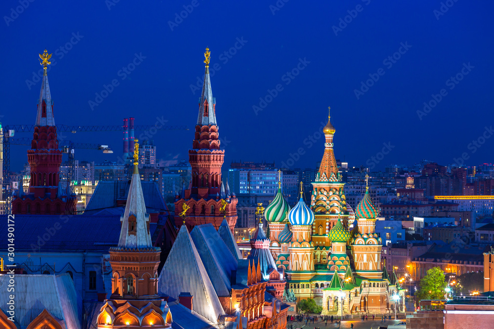 St. Basil's Cathedral on Red Square in Moscow at night, Ancient Moscow  St. Basil's Cathedral is the main tourist attraction of city, Russia. - obrazy, fototapety, plakaty 