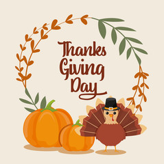 Wall Mural - card with label happy thanksgiving and cartoon turkey