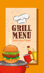 Wall Mural - grill menu with delicious hamburger vector illustration design