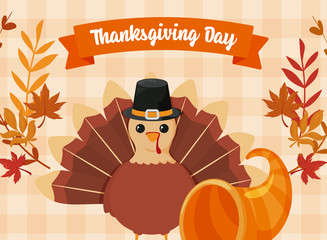 Poster - card with label thanksgiving and cartoon turkey