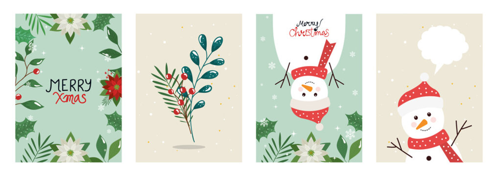 set poster of merry christmas with leafs and snowmen vector illustration design