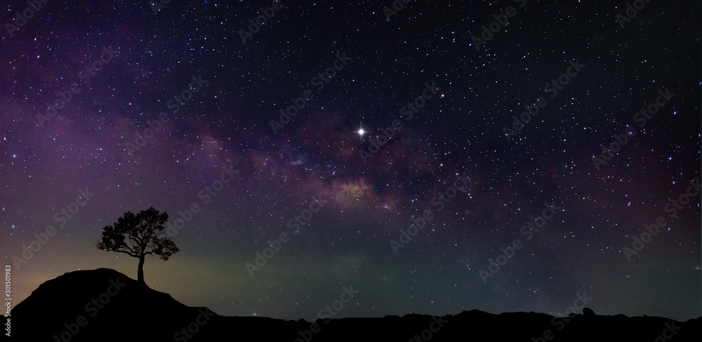 Panorama blue night sky milky way and star on dark background.Universe filled, nebula and galaxy with noise and grain.Photo by long exposure and select white balance.Dark night sky. - obrazy, fototapety, plakaty 
