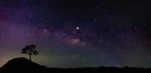 Panorama Blue Night Sky Milky Way And Star On Dark Background.Universe Filled, Nebula And Galaxy With Noise And Grain.Photo By Long Exposure And Select White Balance.Dark Night Sky.