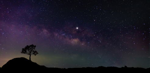 panorama blue night sky milky way and star on dark background.universe filled, nebula and galaxy wit