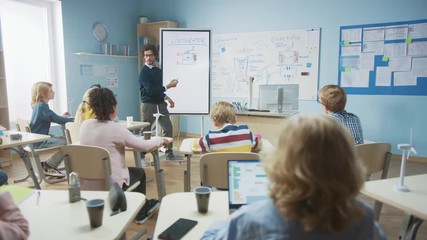 Poster - elementary school physics teacher uses interactive digital whiteboard to show to a classroom full of