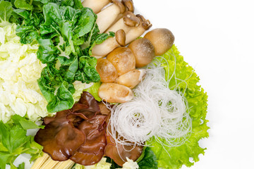 Wall Mural - various fresh vegetables for sukiyaki on white background