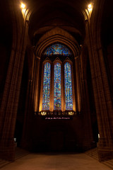 liverpool, england, december 27, 2018: huge entrance stained glass between darkness and light, from 