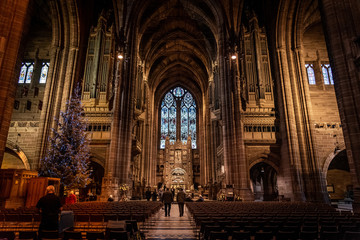 liverpool, england, december 27, 2018: people walking along the entrance hall of the church of engla