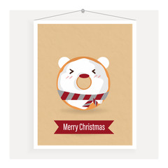 Wall Mural - sweet donut christmas wearing scarf put on frame hang on wall.decoration house bakery shop cute face kawaii style.bear happy red nose photo card cartoon.yummy and pastel brown