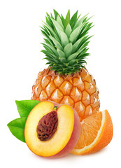 Wall Mural - Colourful composition with sweet fruit mix - pineapple, orange and peach isolated on a white background with clipping path.