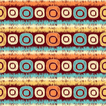 Seamless abstract pattern in scribble style with the image of oval geometric shapes and stripes.