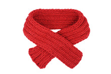 Small Red Knitted Scarf Isolated On A White Background. Handmade Woolen Neckwear. Closeup. Copy Space