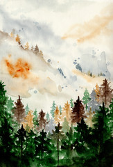 Wall Mural - watercolor landscape with pine and fir trees and mountains abstract nature background