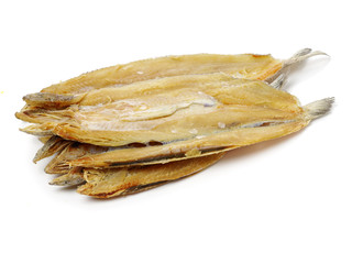 Poster - Dried salted fishes on white background