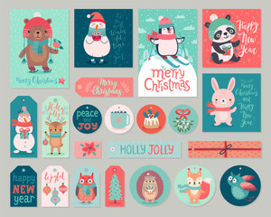 Poster - Christmas cards and gift tags set with animals. Woodland characters hand drawn style.