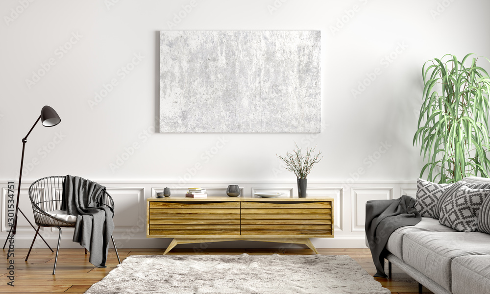 Interior design of modern scandinavian apartment, living room 3d rendering - obrazy, fototapety, plakaty 