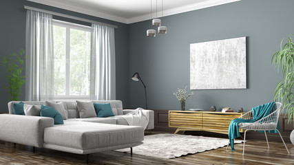 interior design of modern scandinavian apartment, living room 3d rendering