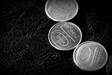 Wall Mural - Belarusian coins scattered on a dark surface close up. Monochrome money background