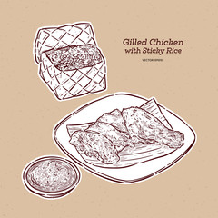 Wall Mural - Grilled chicken with sticky rice, hand draw sketch vector.