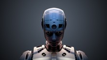 Portrait Of An Alien Robot Or Extraterrestrial Being With Blue Head And White Armored Suit. Front View Isolated On Color Background. 3d Render
