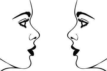 Vector silhouette of woman´s face on white background. Symbol of girl, pretty, nice, fashion, people, person, twins.