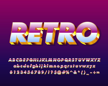 3D Disco alphabet font. Letters, numbers and symbols. Stock vector typescript for typography in retro 80 style.