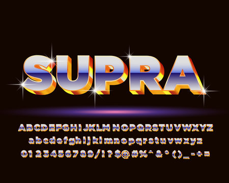 3D Disco alphabet font. Letters, numbers and symbols. Stock vector typescript for typography in retro 80 style.