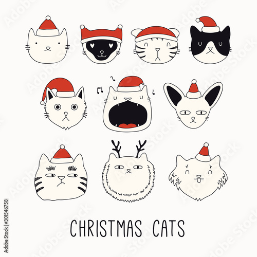 Collection of cute funny doodles of different cats faces in Santa Claus hats....