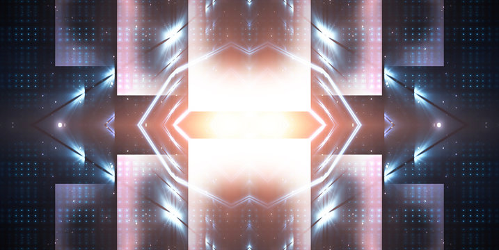 Dark abstract futuristic background. Neon lines glow. Neon lines, shapes. Multi-colored glow, blurry lights. Empty stage background