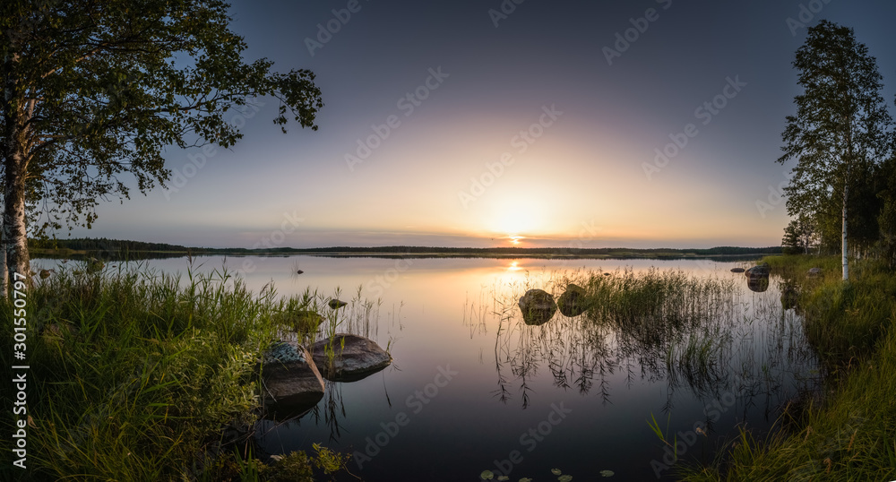 Calm and relax scenery at twilight sunset over big swamp lake in Estonia - obrazy, fototapety, plakaty 