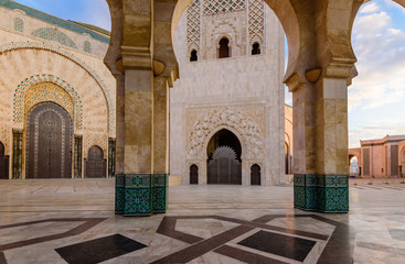 Sightseeing of Casablanca, Morocco. The Hassan II Mosque is the largest mosque in Morocco. Ornament on the wall, details of facade decoration