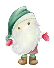 Scandinavian Troll, Dwarf . In Green Hats Is Worth . Watercolor Illustrations, On White Background, Christmas Illustrations.