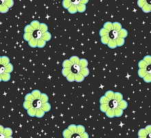 Seamless Space Pattern With Grunge Green And Yellow Yin Yang Flowers And Stars