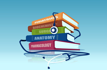 Vector of a stethoscope and a pile of medical books